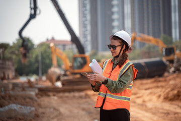 Engineer worker operations construction plans large black drainage pipe installing underground...