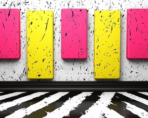 Vibrant pink & yellow panels on grunge wall, black & white striped floor