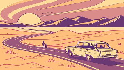 Adventurous Open Road Trip at Sunset Across Desert Landscape