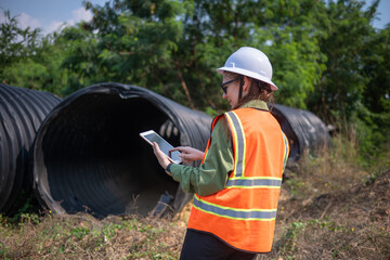 Construction surveyor or engineer working inspection damaged black corrugated pipe and construction...