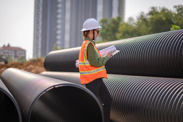Engineer worker operations construction plans large black drainage pipe installing underground...