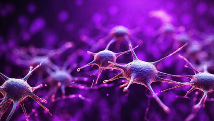 Purple Glowing Neurons over a Purple Background, Representing Neuroscience, Brain Activity, and Technology