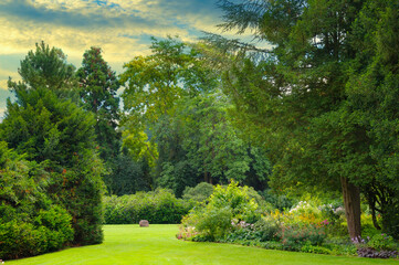 Beautiful garden with coniferous and deciduous trees and bright sun.