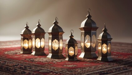 Obraz premium Ornate metal lanterns with glowing candles arranged on an intricately patterned red rug, creating a