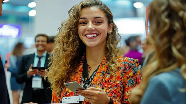 Smiling woman at a conference engaging with attendees