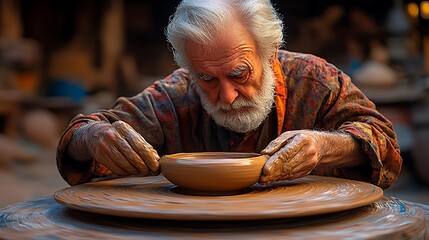 Elderly potter meticulously shaping clay on a spinning wheel