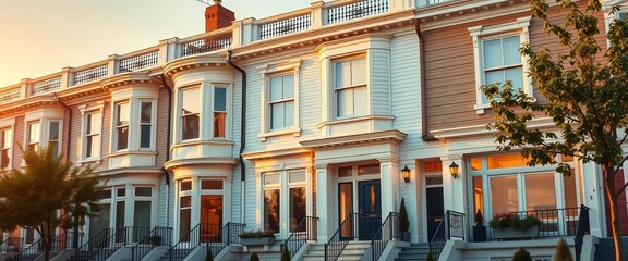 Naklejka premium Golden hour illuminates sleek townhouse facades, clean lines, architectural detail, luxury, elegance