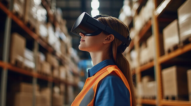 Worker using VR in warehouse for inventory management, order picking, training, and safety protocols.