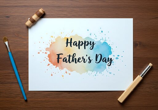 A colorful watercolor splash design features the words Happy Father's Day in a bold script. Surrounding this festive art are painting tools, ready for creative expression