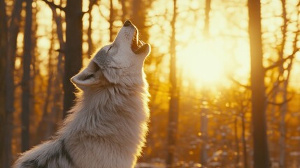 Naklejka premium Howling Wolf at Golden Sunset Forest