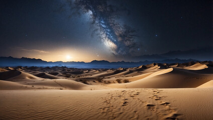 A Sand and Desert Landscape at Night, Under a Sky Full of Stars, Creating a Serene and Magical Scene