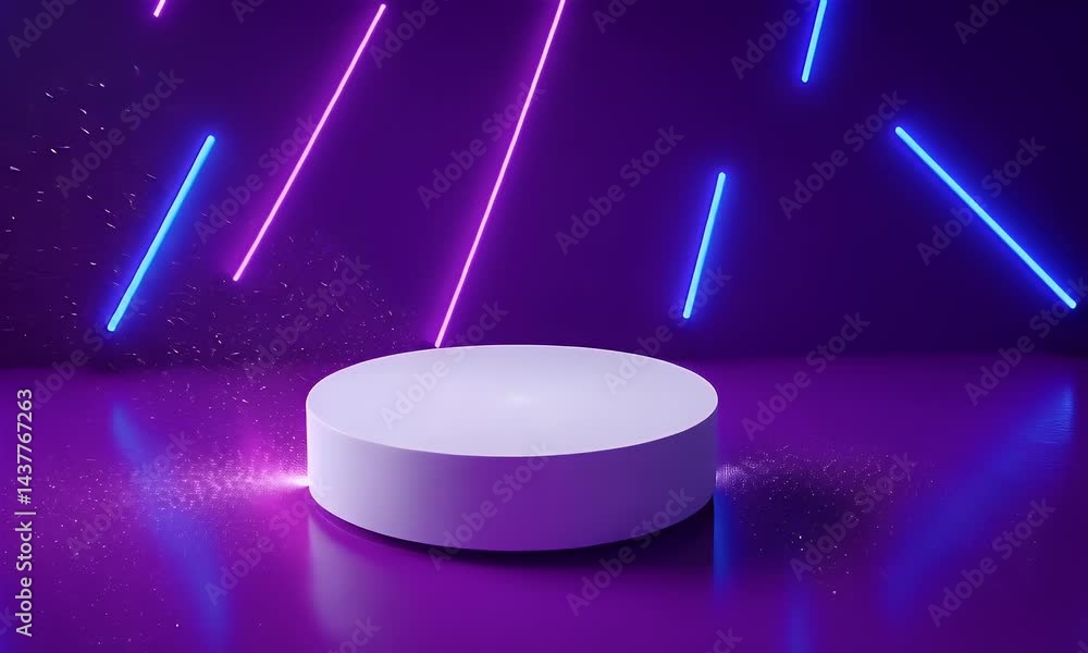 Poster 3d render of an abstract background with an empty round podium and blue and pink neon light stripes.