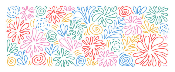 Firework line hand drawn n set. Party colorful firecrackers and splashes in doodle style isolated on white background. Carnival scribble decoration. Vector illustration by pencil and chalk.