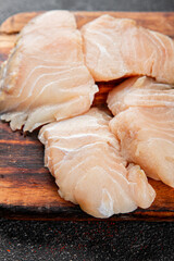 Raw fish fillet white fish seafood appetizer dish organic product fresh tasty gourmet food background on the table rustic food top view copy space pescetarian diet