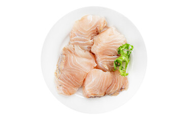 Raw fish fillet white fish seafood appetizer dish organic product fresh tasty gourmet food background on the table rustic food top view copy space pescetarian diet