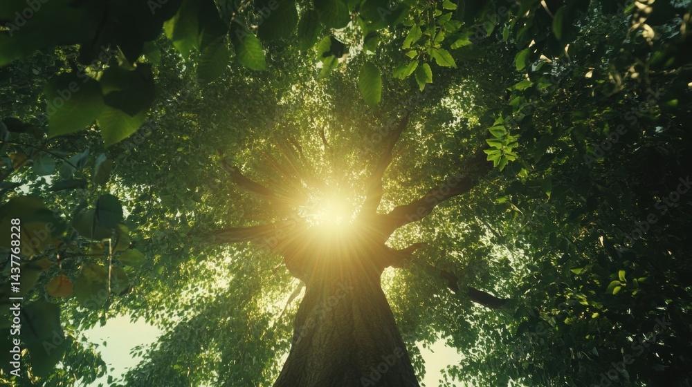 Poster dappled sunlight through dense leaves of a towering tree, camera from below with one person at the t
