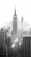Monochromatic cityscape a prominent skyscraper pierces through a light fog surrounded by numerous buildings