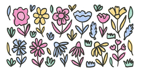 Flowers doodles set marker drawn. Naive florals isolated on white background. Daisy, poppy, grass, leaves sketch elements. Vector childish style illustration by pencil.