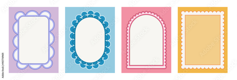 Poster geometric retro scallop frames set. wavy groovy arch, rectangle and oval borders isolated on white b