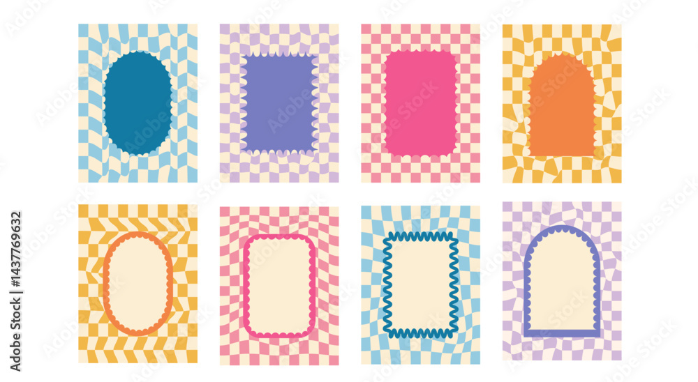 Poster geometric funky scallop text boxes frames set. wavy groovy arch, rectangle borders isolated on check