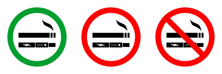 no smoking and no vaping zone red circle sign, green allowed round vector icon, 3 pictogram collection