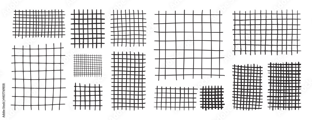 Poster doodle hand drawn grids for notes. square grid and striped pattern. geometric plaid pattern with pen