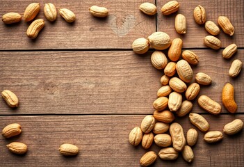 Heart-shaped frame crafted from peanuts on rustic wood, organic, delicious