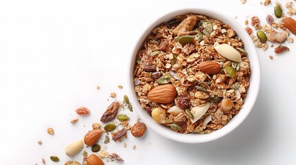 Bowl of Granola with Nuts and Seeds on White Background Isolated