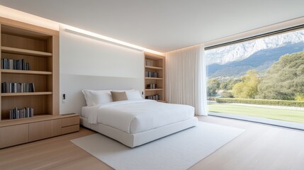 Modern, minimalist bedroom with mountain views