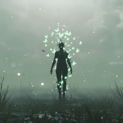 Naklejka premium Surreal illustration of dark silhouetted figure in tall grass surrounded by glowing green butterflies and organic shapes on muted green-grey background