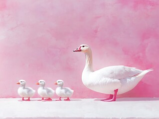 Fototapeta premium A white goose with its three goslings standing against a pink wall, creating a whimsical scene.