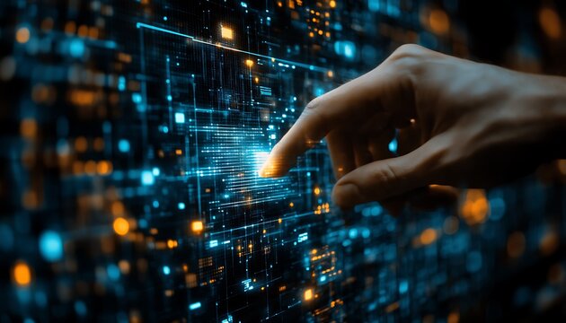 Hand interacts with glowing digital data matrix