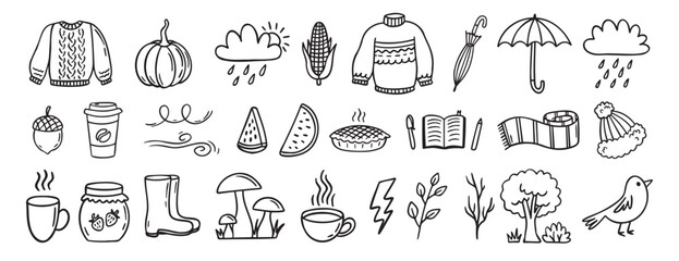 Naklejka premium Autumn or nature fall season with falling leaves, umbrella doodle hand drawn icon elements set. Outline drawing autumn or fall line clipart symbol collection