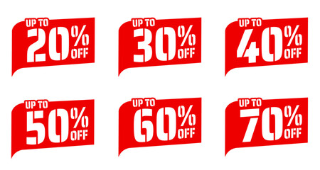 Different percent discount red sticker and price tag set, sell off up to 20, 30, 40, 50, 60, 70 percent, isolated vector illustration