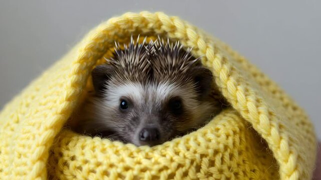 A hedgehog baby wrapped in a tiny blanket, peeking out with sleepy eyes