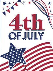 Obraz premium 4th of July. US Independence Day. Vector illustration of American flag, star, objects, Statue of Liberty, symbol, sign, ribbon icon for greeting card, poster, banner, background or invitation.