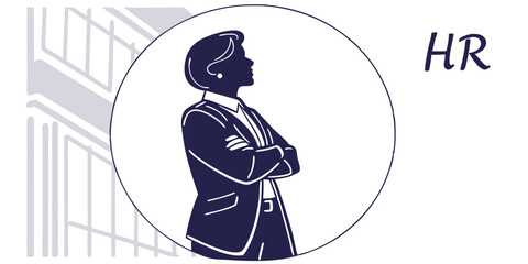 HR Businessman Vector Silhouette with Gear and Team Icons, Human Resources Management Concept