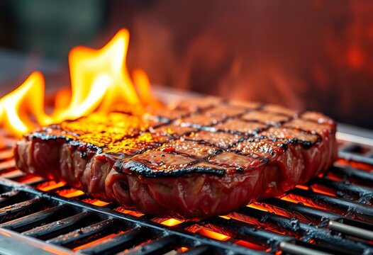 Juicy steak sears on a hot grill, flames licking its surface, heat, food photography