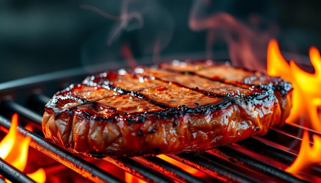 Juicy steak sears on hot grill, flames licking its surface, red, hot