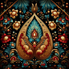 Fototapeta premium Paisley pattern with floral elements on red background, highly detailed