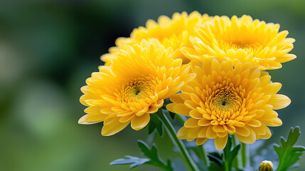 Fototapeta premium Bright yellow chrysanthemums bloom in a garden setting