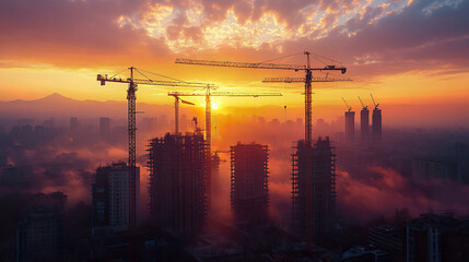 Construction site silhouette with cranes at sunset, creating dramatic skyline