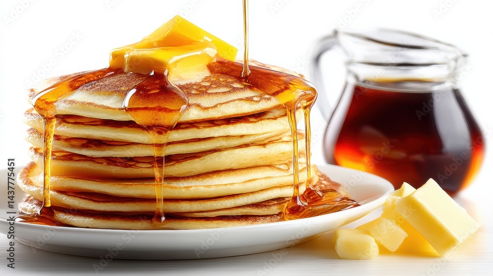 Poster fluffy stack of pancakes topped with butter and dripping with rich syrup on a white background, perf