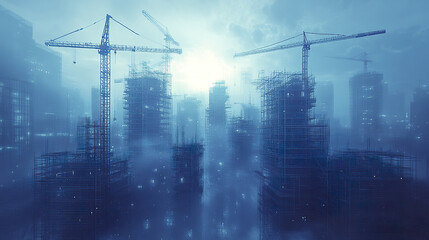 Digital city under development with cranes and scaffolding in misty atmosphere
