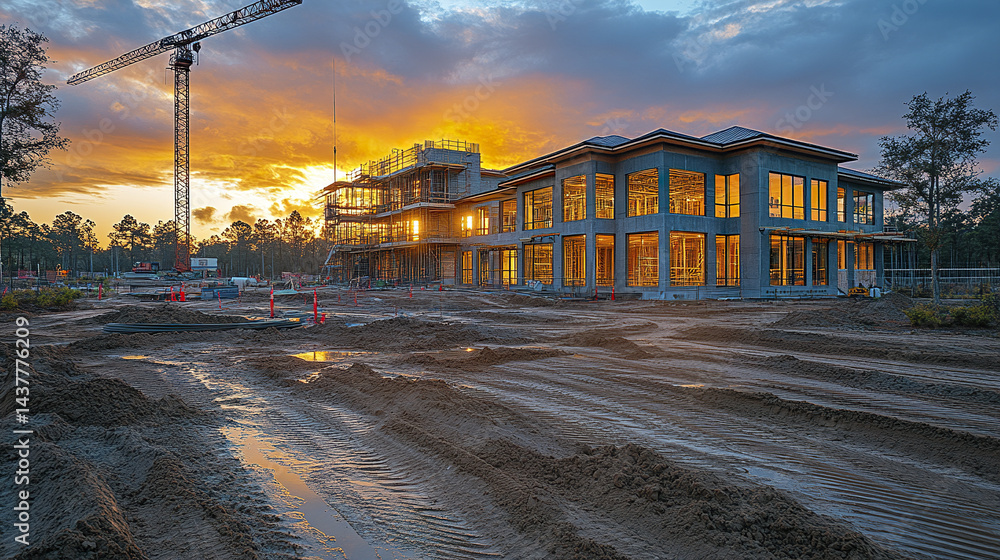 Poster stunning dusk scene of partially completed building with warm light reflecting from windows