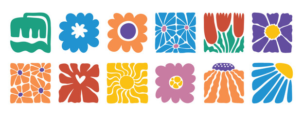 hand drawn poster abstract flowers groovy retro style. floral square botanical icon. freehand naive bright 70s style 