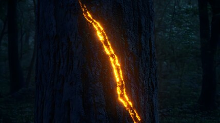 Fiery Illumination of Tree Trunk in a Dark Forest Setting
