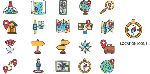 Obraz premium Location simple concept 24 hand drawn color icons set. Contains such location, pin, map, pictogram, symbol .Vector illustration.