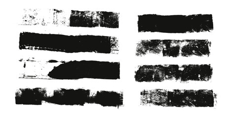 Straight thick grunge underlines. Linocut rolled brush stroke set. Handmade ink rectangle rough stamps. Vector black paint lines shapes. Dry marker or brayer smear textures Irregular figures