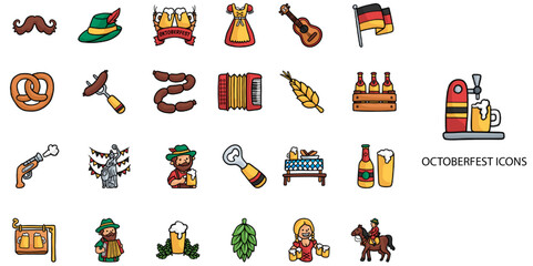 Oktoberfest simple concept 24 hand drawn color icons set. Contains such Oktoberfest, icon, set, accordion, barrel, beer .Vector illustration.